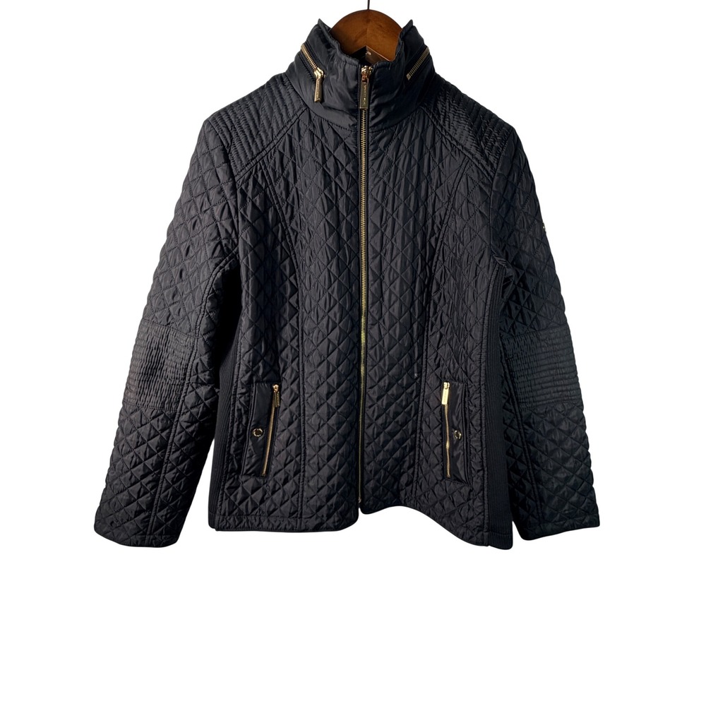 Michael Michael Kors Women's Black Quilted Zip Gold Snap Barn Fall Jacket Large